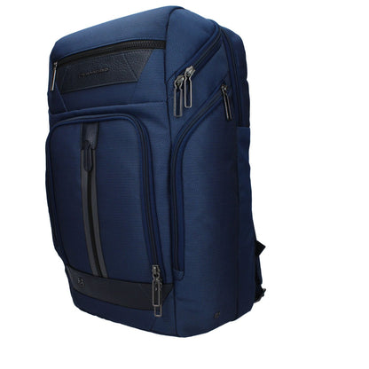 Piquadro Blue Fabric Backpack with front logo and adjustable straps, featuring ipad/pc cases. Product code F85525.