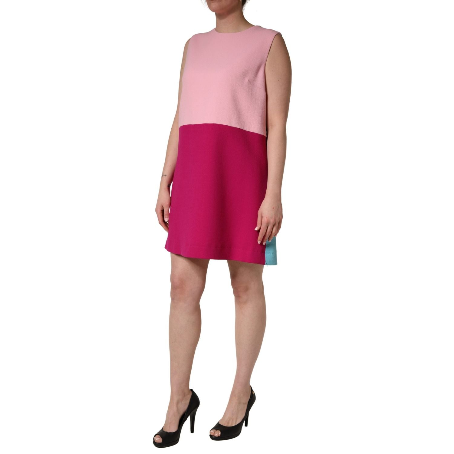 Dolce & Gabbana Pink Blue Wool Sleeveless Shift Mini  Dress