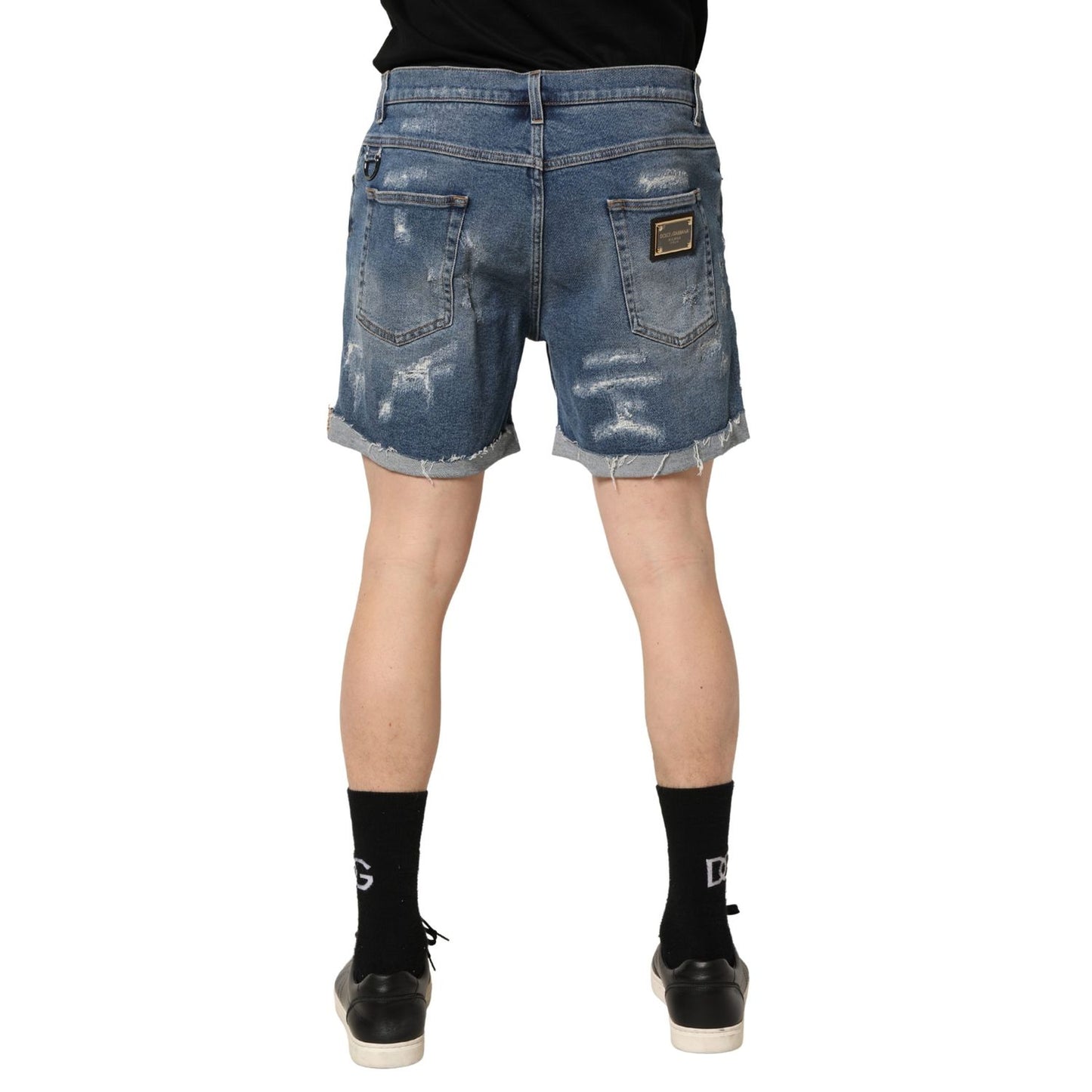 Dolce & Gabbana Blue Cotton Distressed Denim Bermuda Shorts