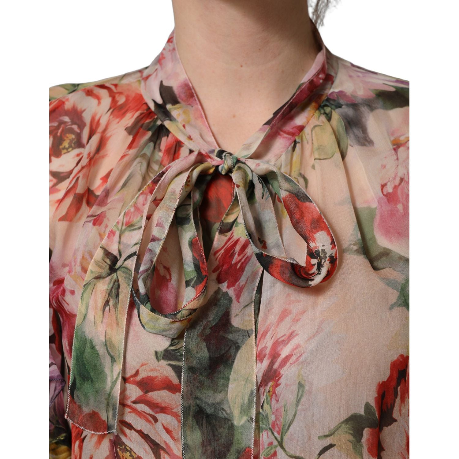 Dolce & Gabbana Multicolor Floral Tie-Neck Silk Chiffon Blouse Top