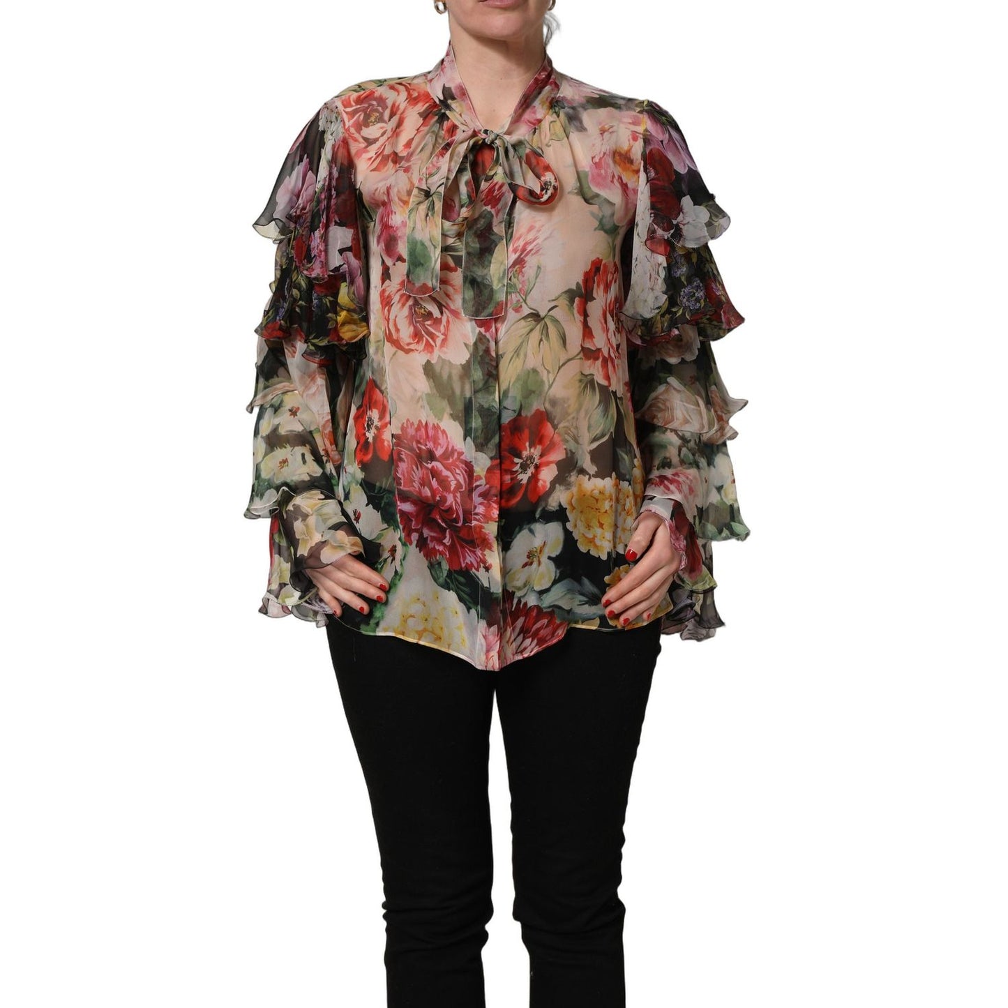Dolce & Gabbana Multicolor Floral Tie-Neck Silk Chiffon Blouse Top