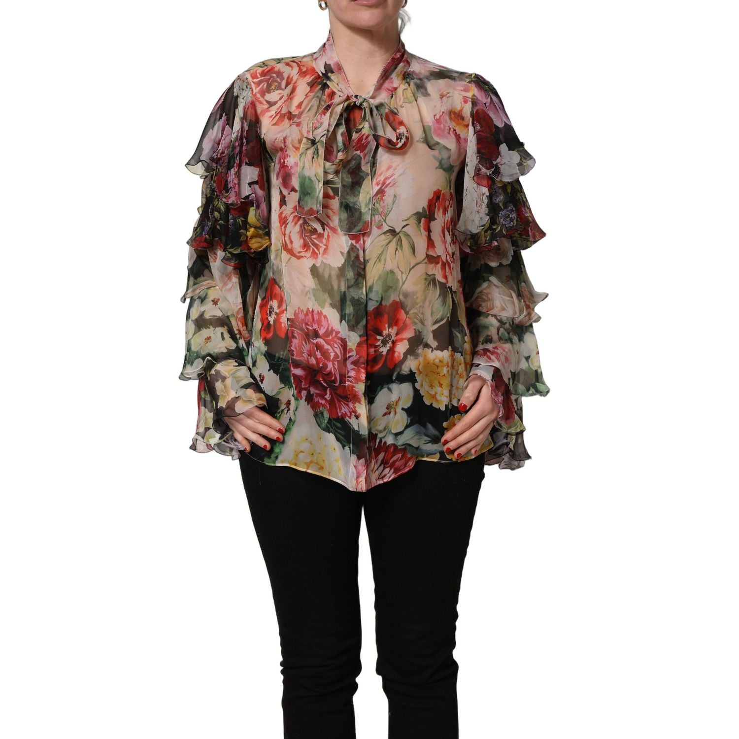 Dolce & Gabbana Multicolor Floral Tie-Neck Silk Chiffon Blouse Top