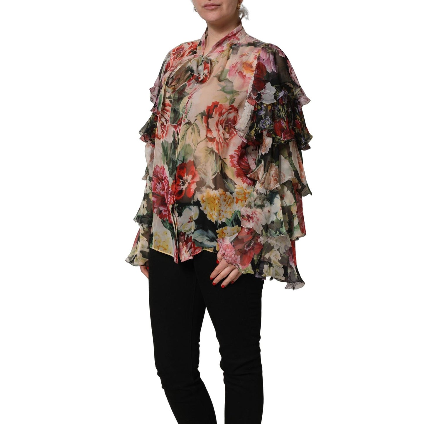Dolce & Gabbana Multicolor Floral Tie-Neck Silk Chiffon Blouse Top
