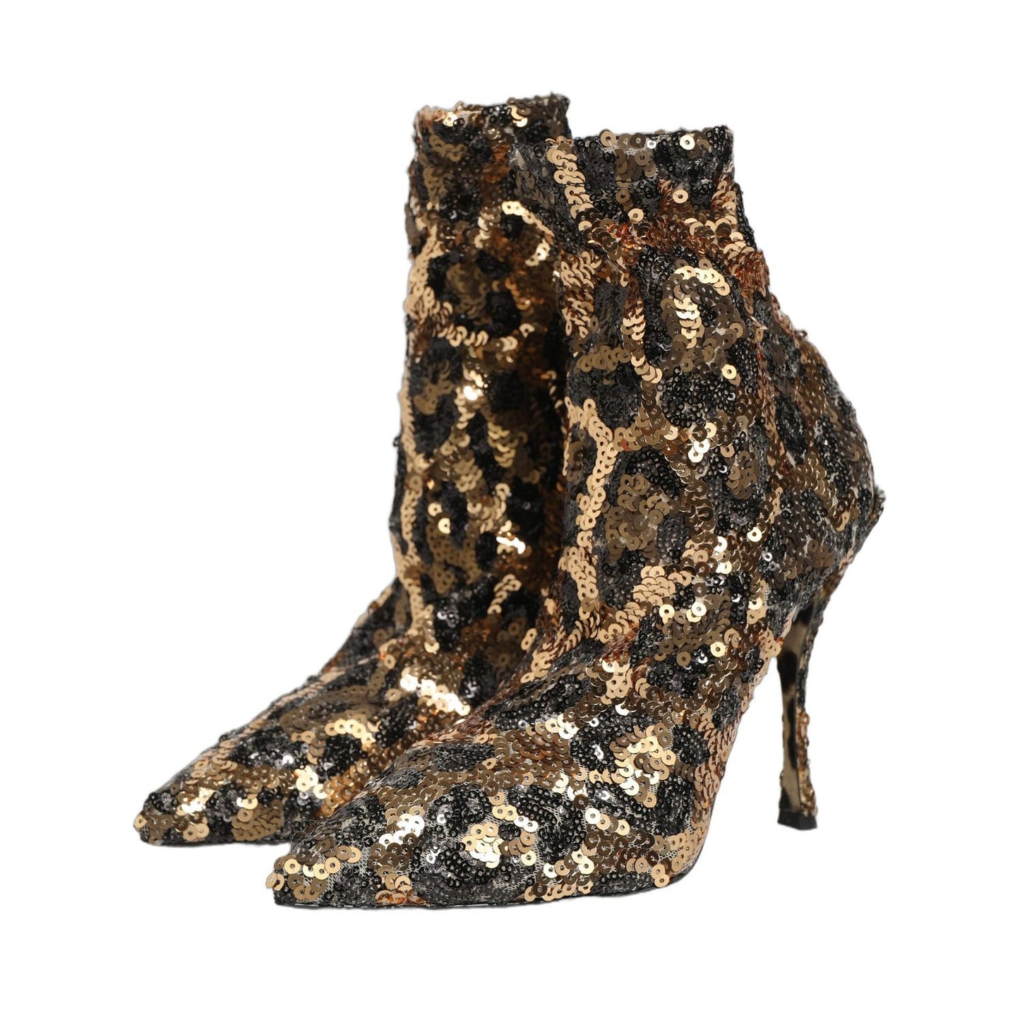 Dolce & Gabbana Gold Leopard Sequin Sock Ankle Boots Shoes