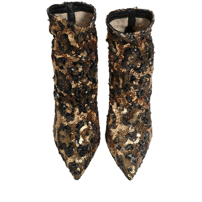 Dolce & Gabbana Gold Leopard Sequin Sock Ankle Boots Shoes