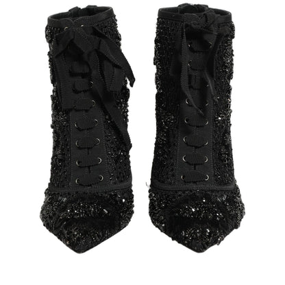 Dolce & Gabbana Black Embellished Mesh Ankle Boots Shoes
