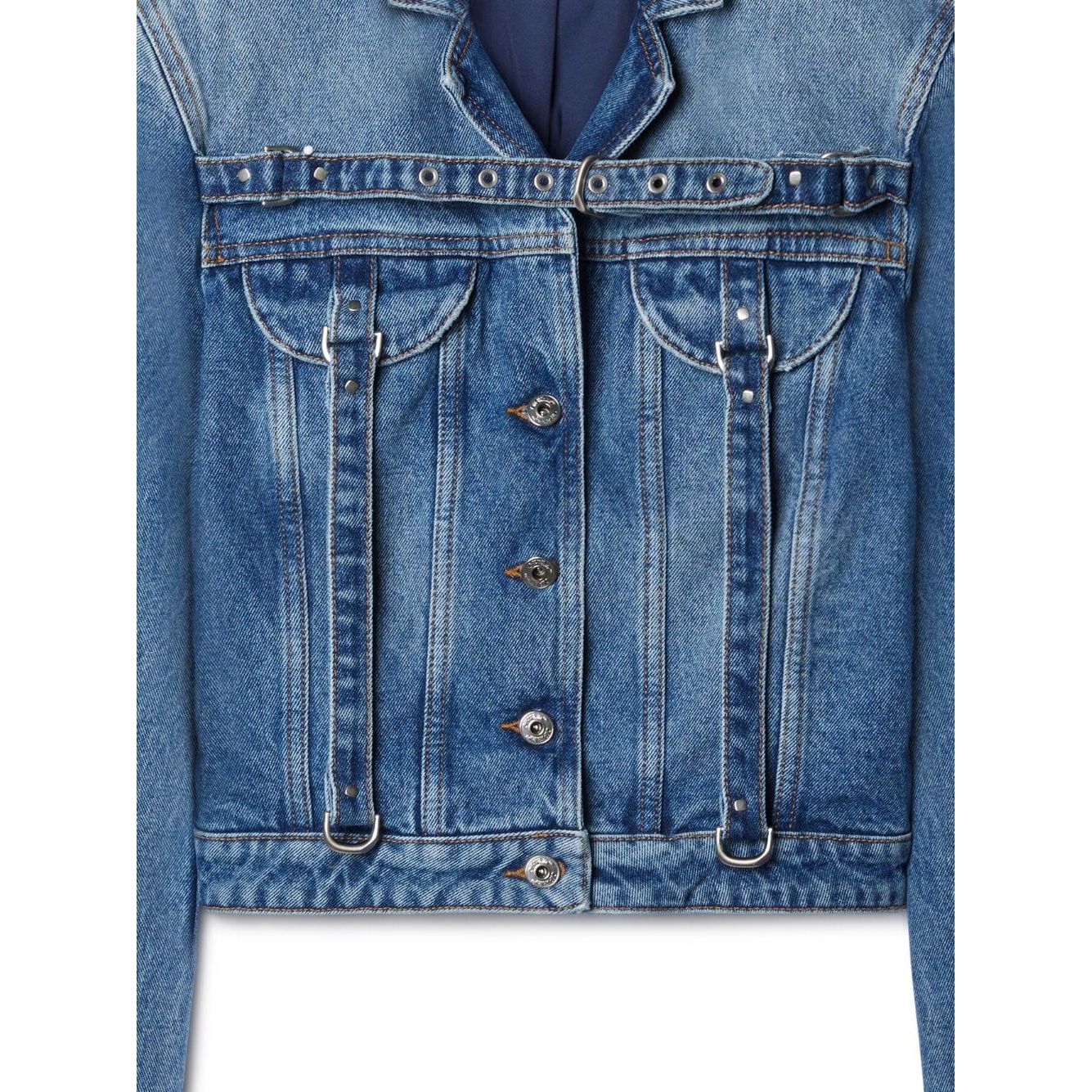 Off White Crop Denim Jacket With Belt