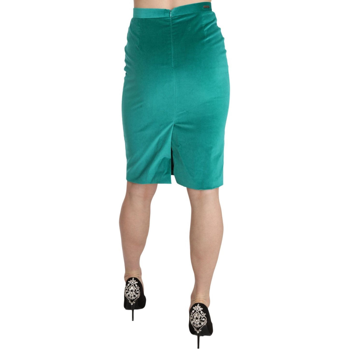 GF Ferre Green Solid Twill Knee Length Pencil Midi Skirt