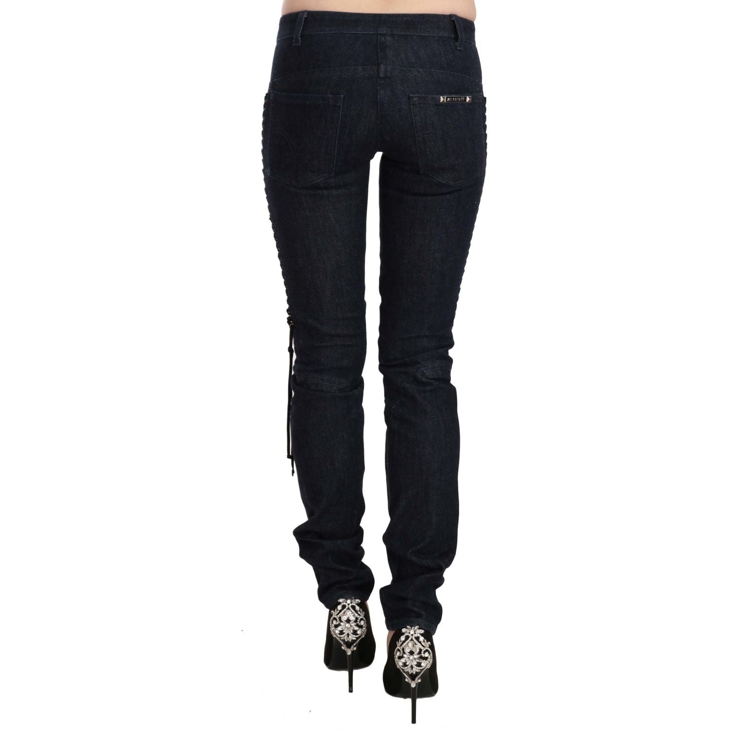 Just Cavalli Blue Low Waist Skinny Trousers Braided String Pants