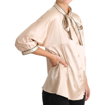 Dolce & Gabbana Beige Ribbon Silk Stretch Top Blouse