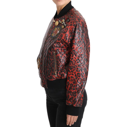 Dolce & Gabbana Red Leopard Button Crystal Leather Jacket Coats & Jackets