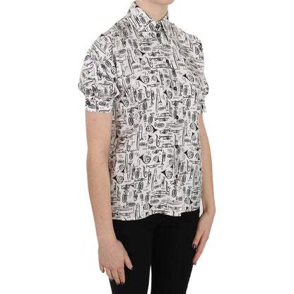Dolce & Gabbana Trumpet Print Button Front Silk Top Blouse