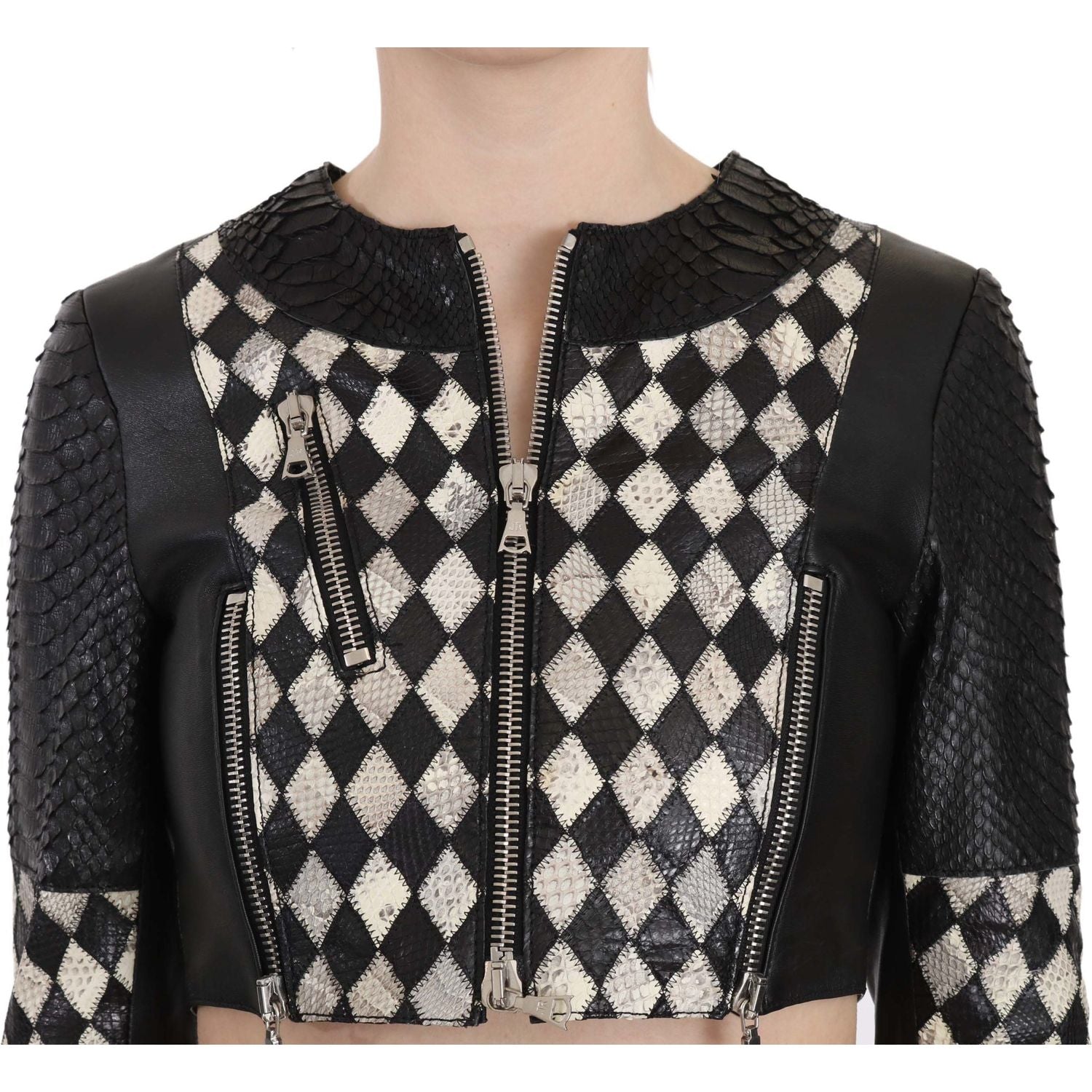 John Richmond Black White Leather Short Cropped Biker Jacket Coat