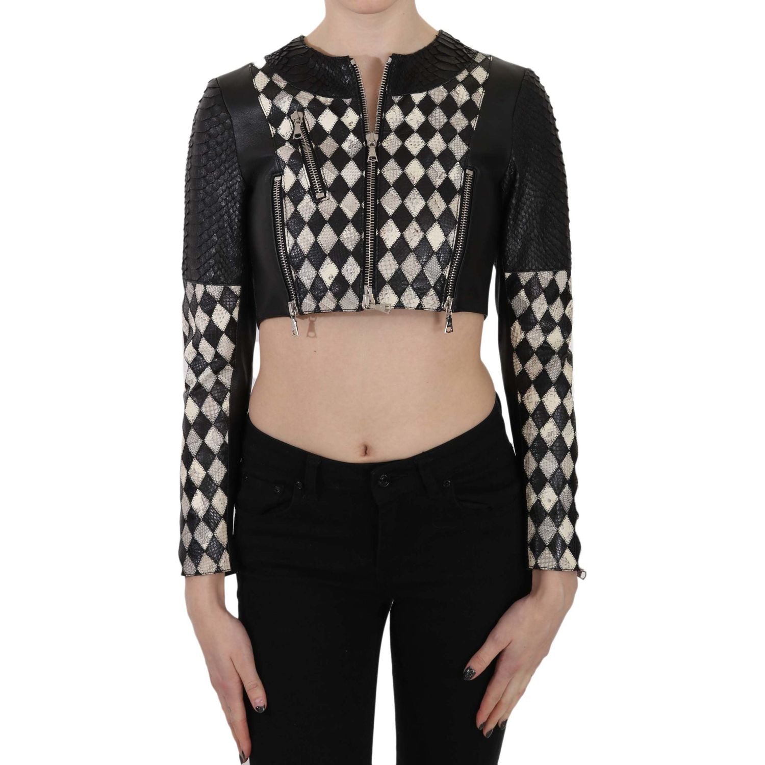 John Richmond Black White Leather Short Cropped Biker Jacket Coat