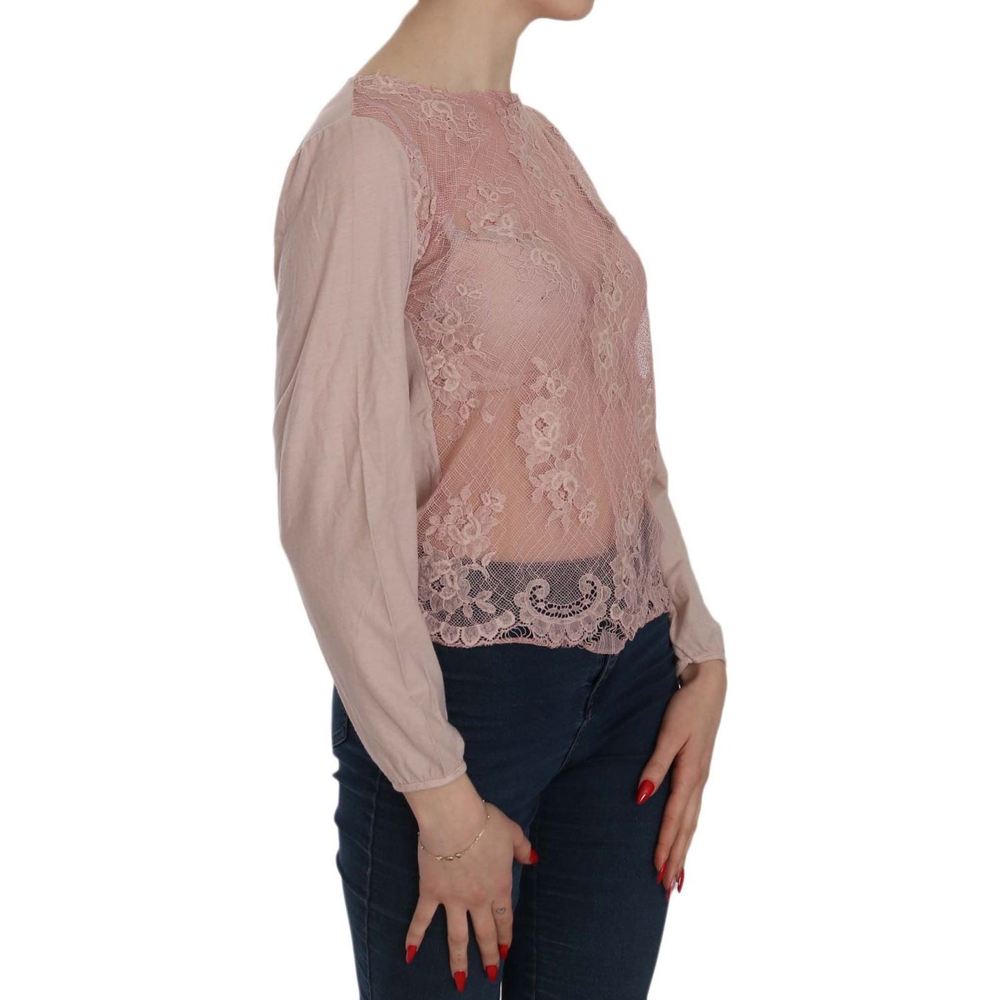 PINK MEMORIES Pink Lace See Through Long Sleeve Blouse