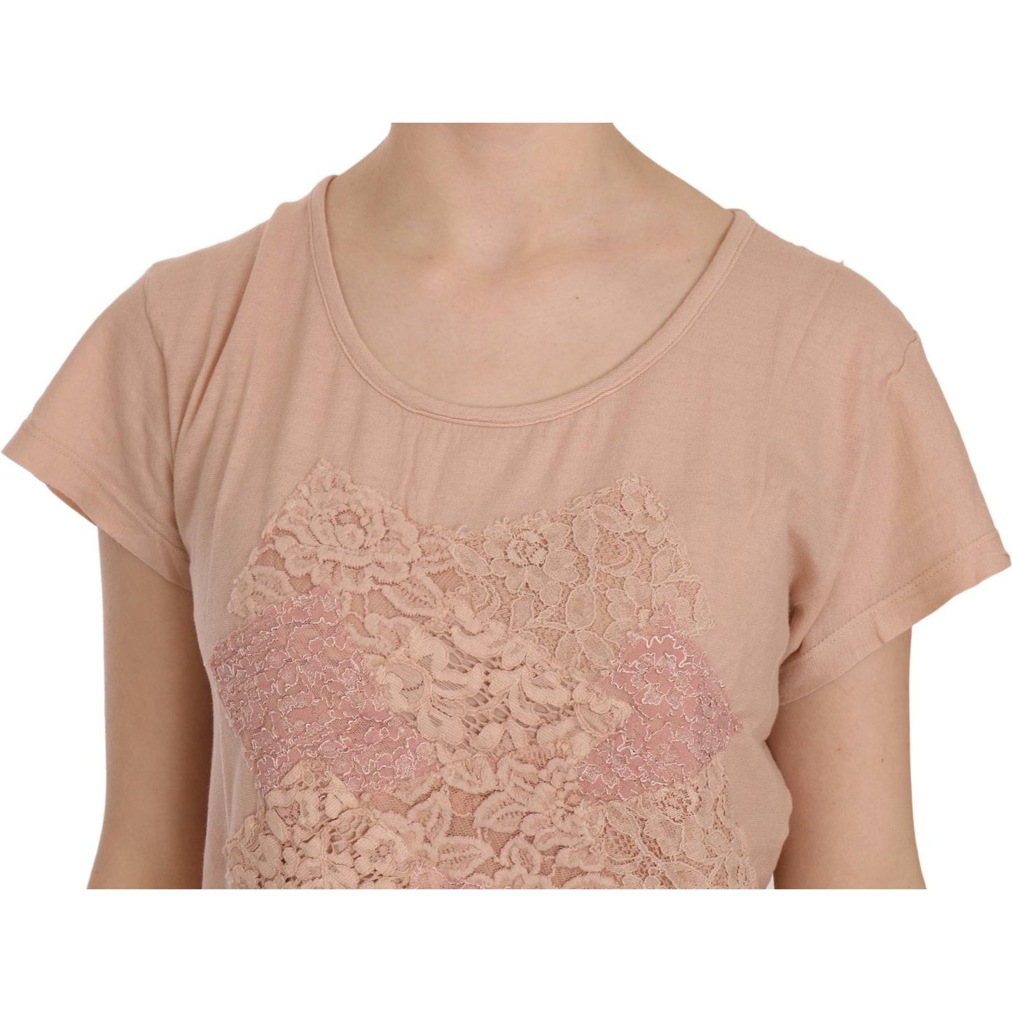 PINK MEMORIES Pink Cream Lace Short Sleeve Shirt Top Cotton Blouse