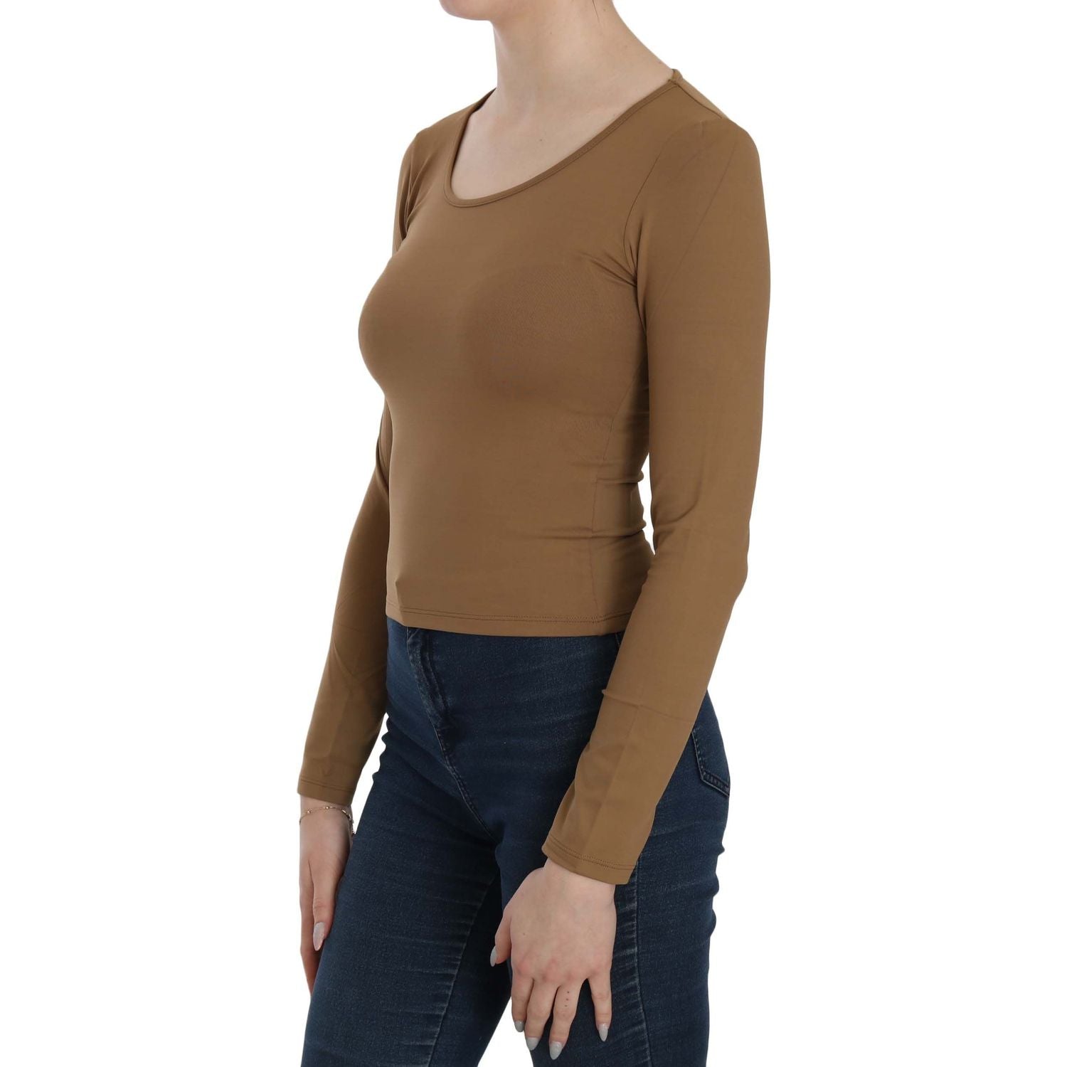 GF Ferre Brown Long Round Neck Sleeve Fitted Shirt Tops Blouse