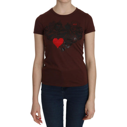 Exte Brown Heart Print Crew Neck T-shirt Short Sleeve Blouse