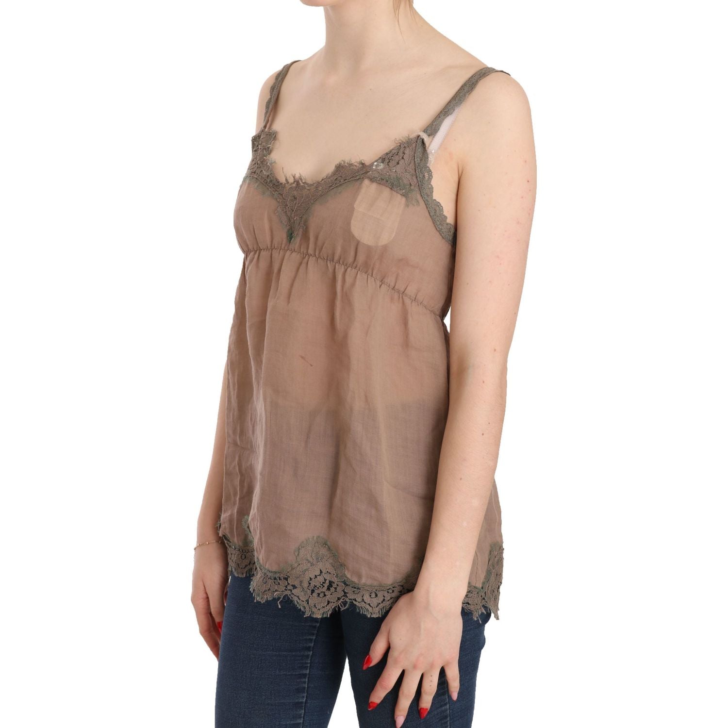 PINK MEMORIES Brown Lace Spaghetti Strap Plunging Top Blouse