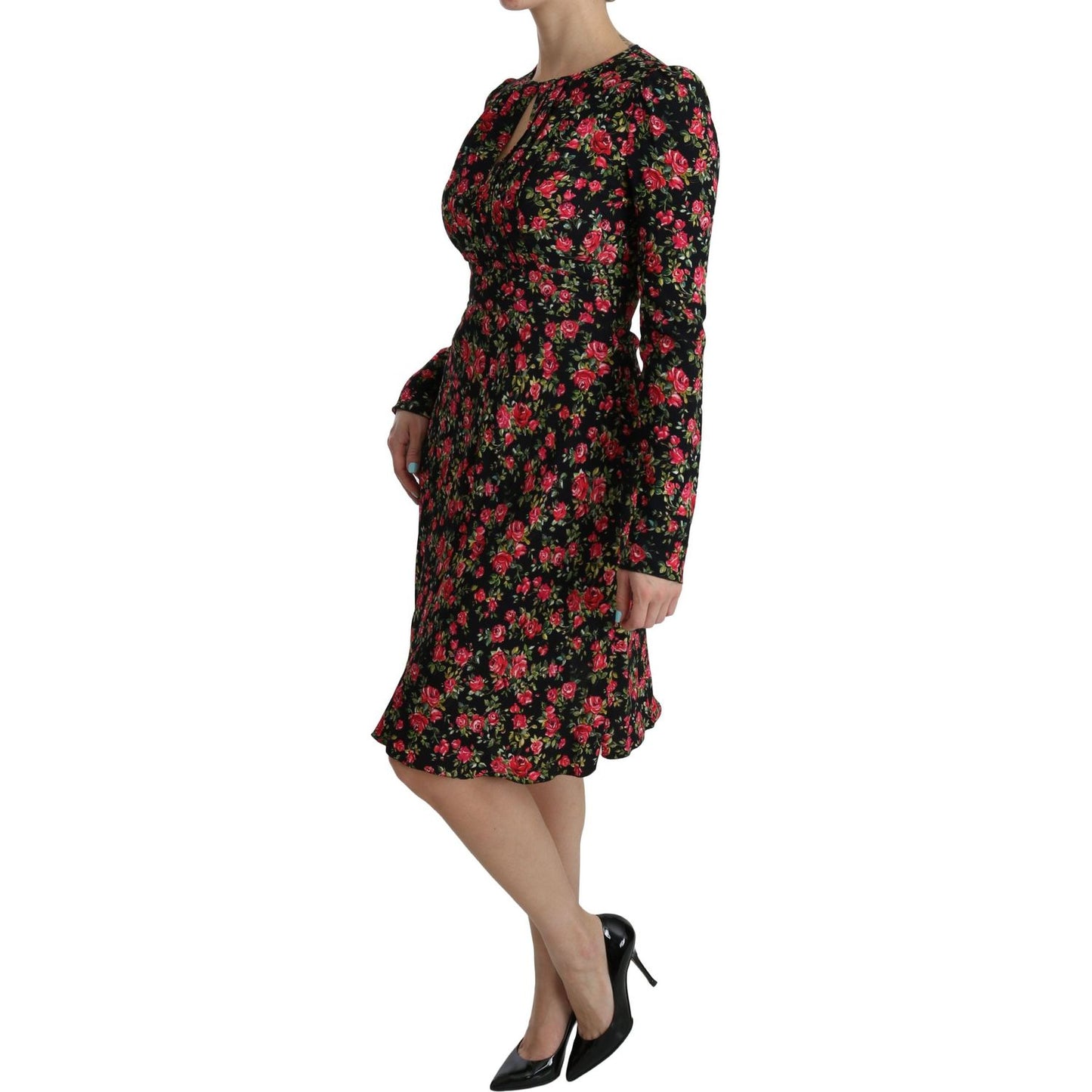Dolce & Gabbana Black Floral Longsleeve Knee Length Dress