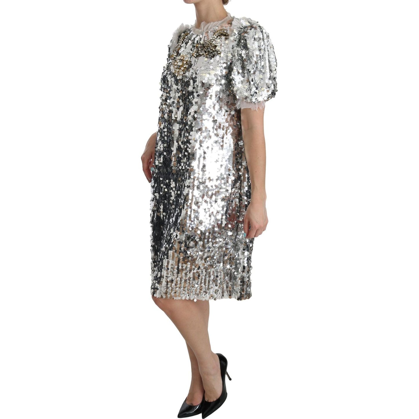 Dolce & Gabbana Silver Sequined Crystal Shift Gown Dress