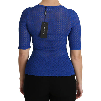 Dolce & Gabbana Blue See Through Round Neck Top Viscose Blouse