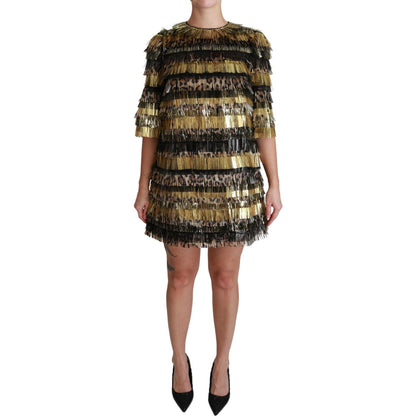 Dolce & Gabbana Polyester Black Gold Leopard Shift Mini Dress