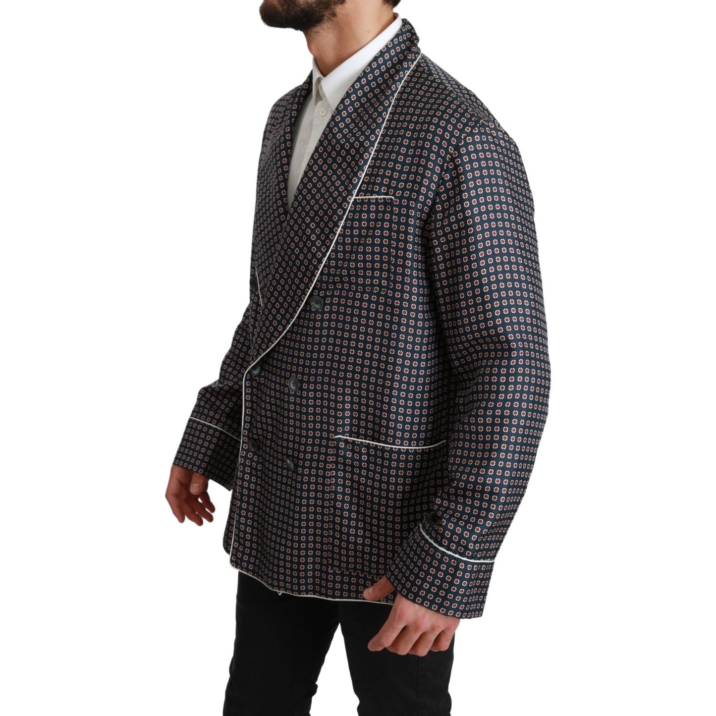 Dolce & Gabbana Navy Blue Patterned Double Breasted Coat Jacket Coats & Jackets