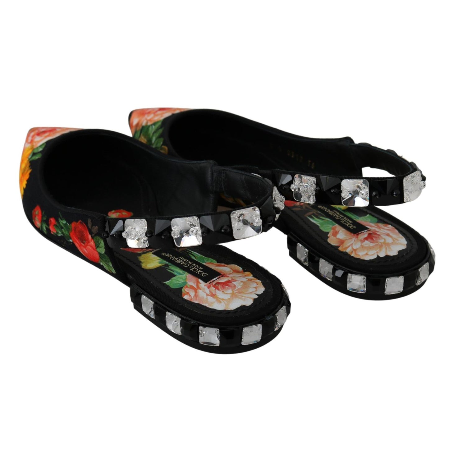 Dolce & Gabbana Black Floral Crystal Slingbacks Flats Shoes