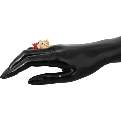 Dolce & Gabbana Gold Brass Resin Beige Dog Pet Branded Accessory Ring