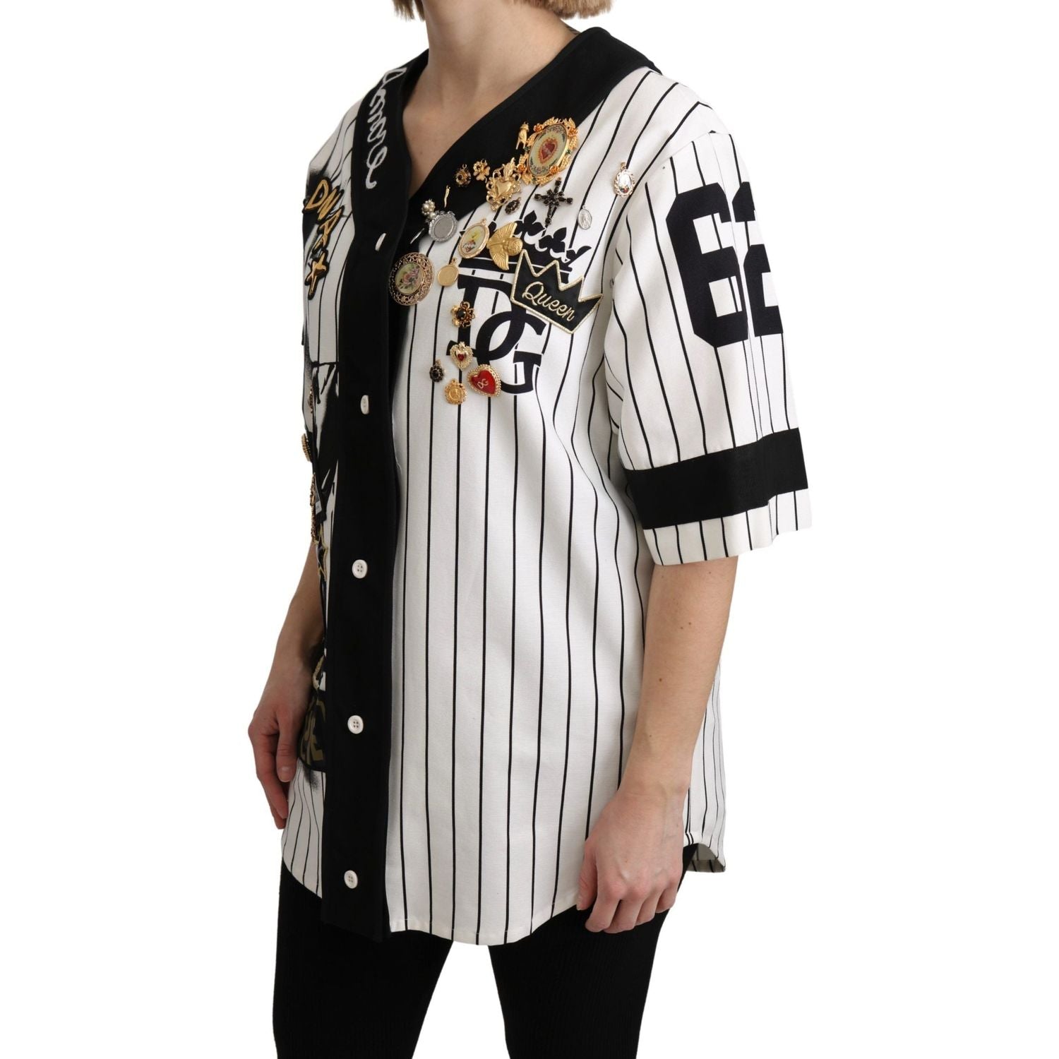 Dolce & Gabbana White and black Blouse Cotton Crystal Charms Amore Shirt