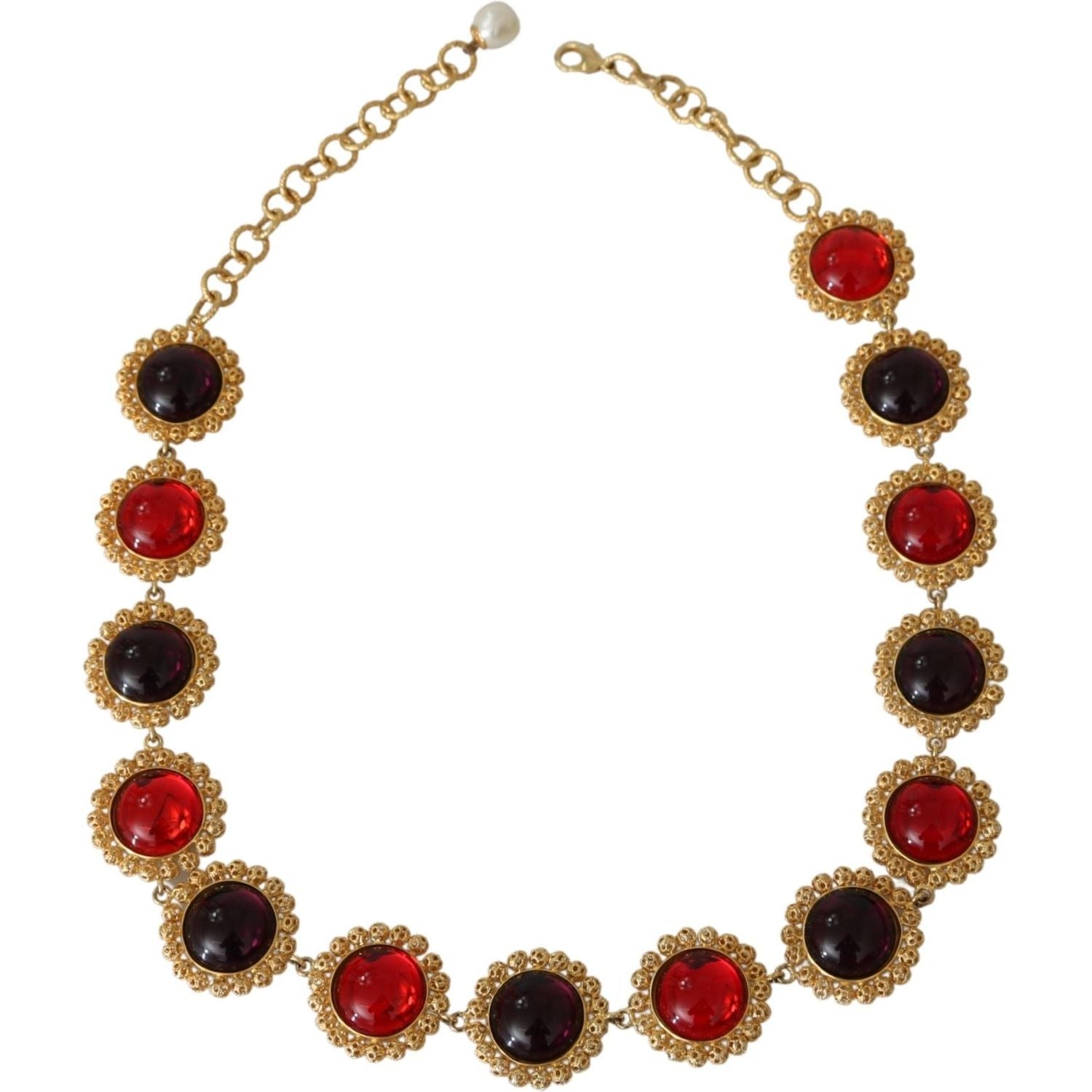 Dolce & Gabbana Red Purple Crystal Floral Chain Statement Gold Brass Necklace