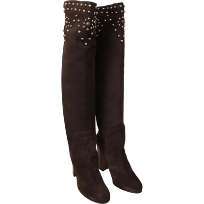 Dolce & Gabbana Brown Suede Studded Knee High Shoes Boots