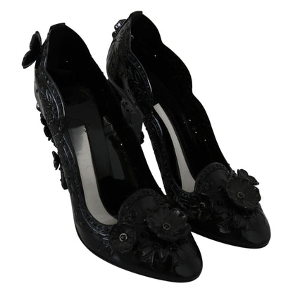 Dolce & Gabbana Black Floral Crystal CINDERELLA Heels Shoes