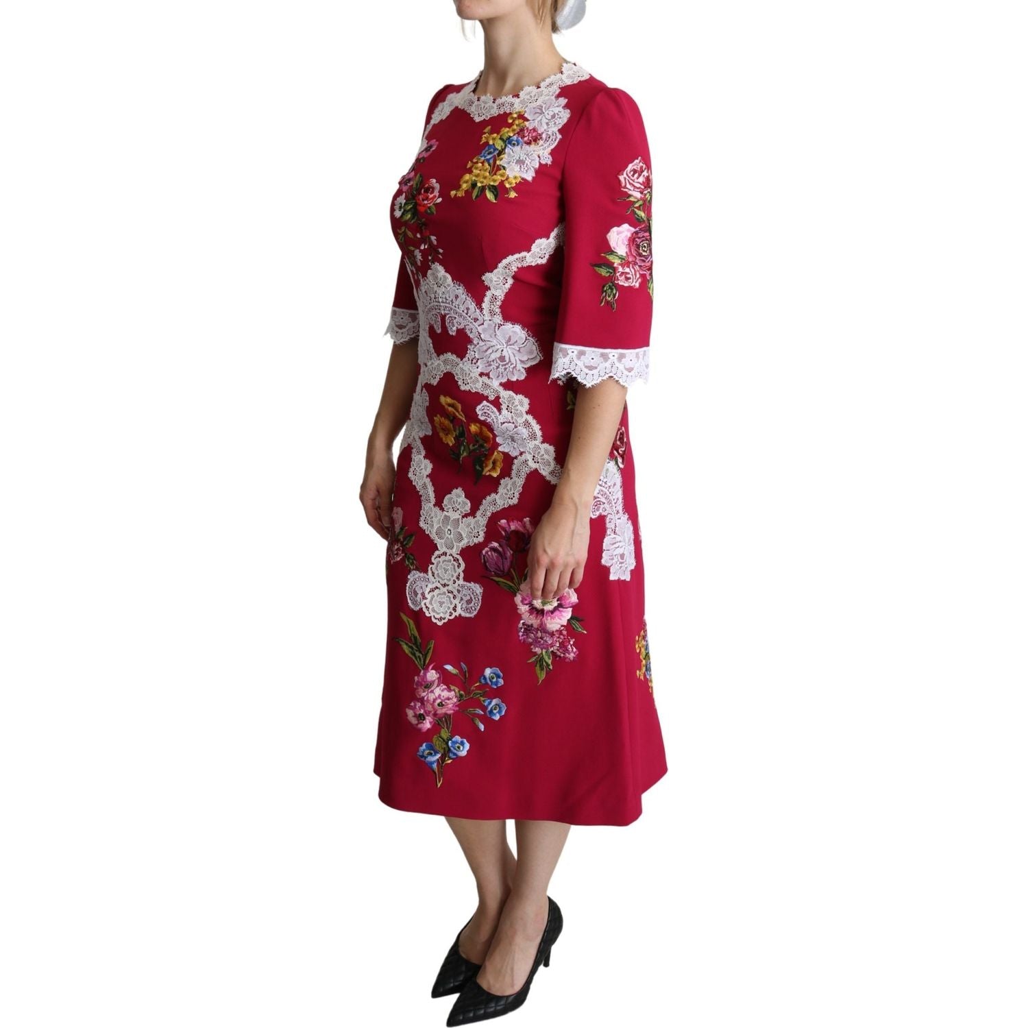 Dolce & Gabbana Red Floral Embroidered Sheath Midi Dress