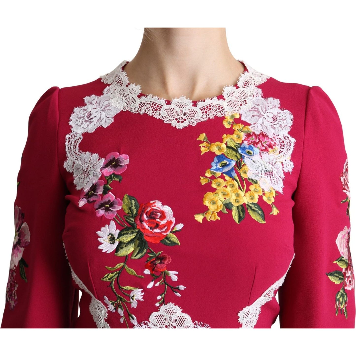 Dolce & Gabbana Red Floral Embroidered Sheath Midi Dress