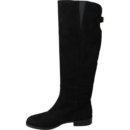 Dolce & Gabbana Black Suede Knee High Flat Boots Shoes