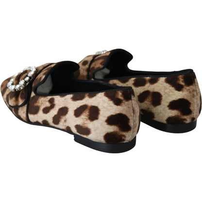 Dolce & Gabbana Brown Leopard Print Crystals Loafers Flats Shoes