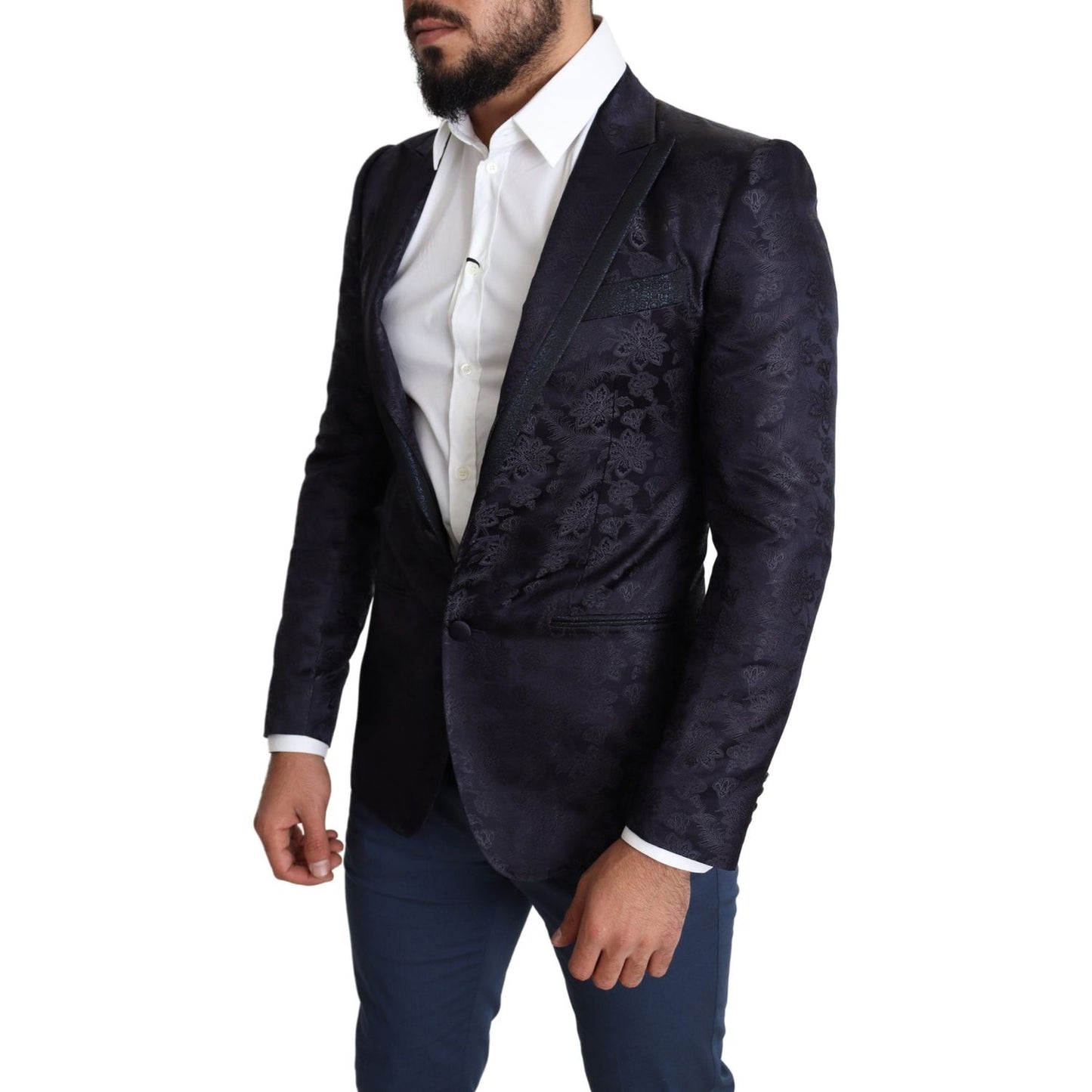 Dolce & Gabbana Blue Floral Jacquard Silk Coat MARTINI Blazer