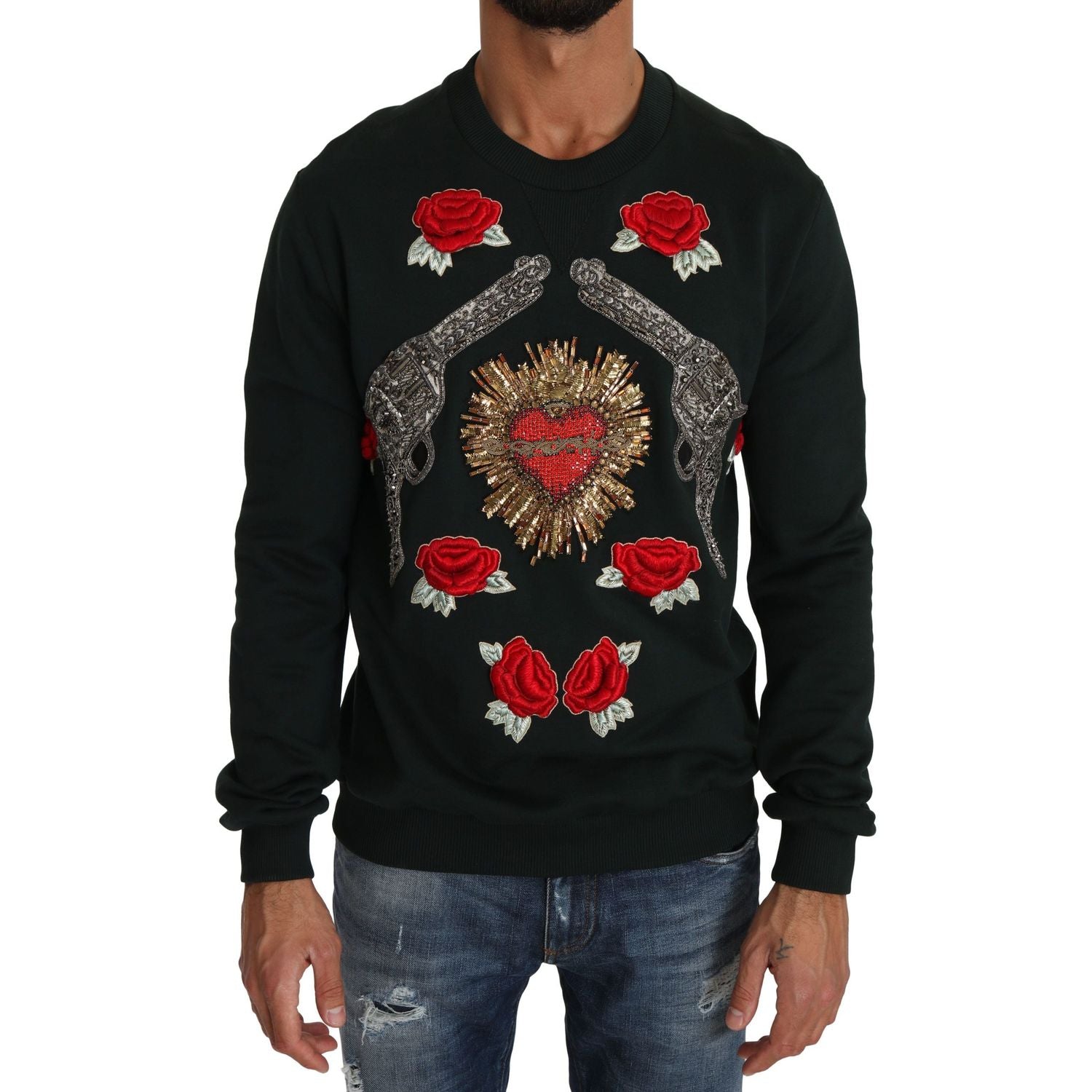 Dolce & Gabbana Green Crystal Heart Roses Gun Sweater