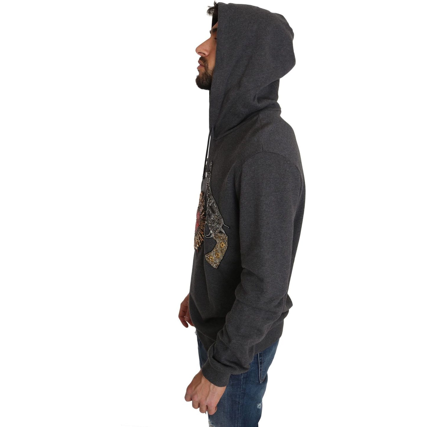 Dolce & Gabbana Gray Hooded Red Crystal Heart Gun Sweater