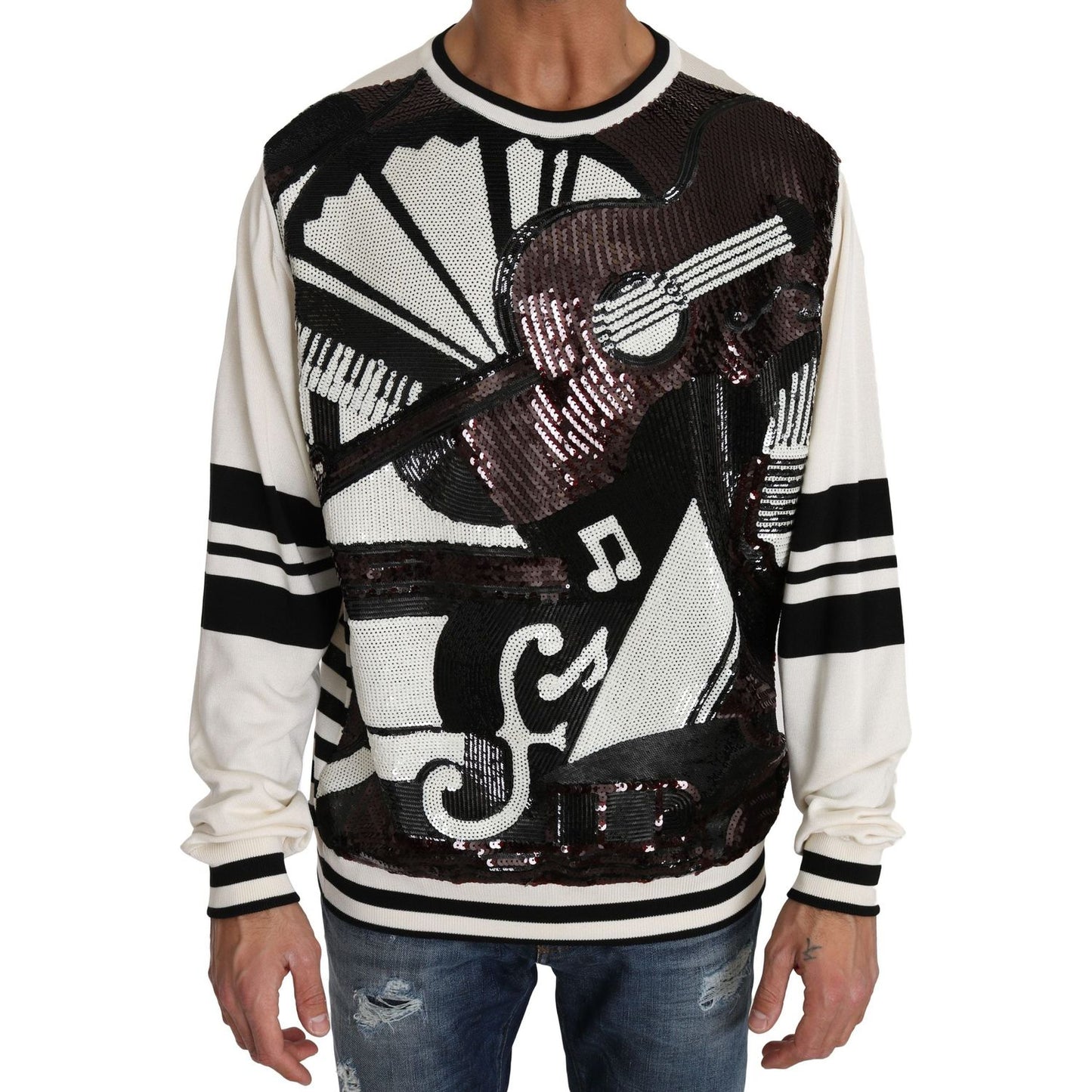 Dolce & Gabbana White Jazz Sequined Guitar Pullover Top Sweater