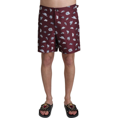 Dolce & Gabbana Maroon Hats Print Beachwear Shorts Swimwear