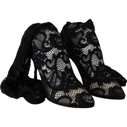 Dolce & Gabbana Black Taormina Lace Socks Boots Shoes Pumps