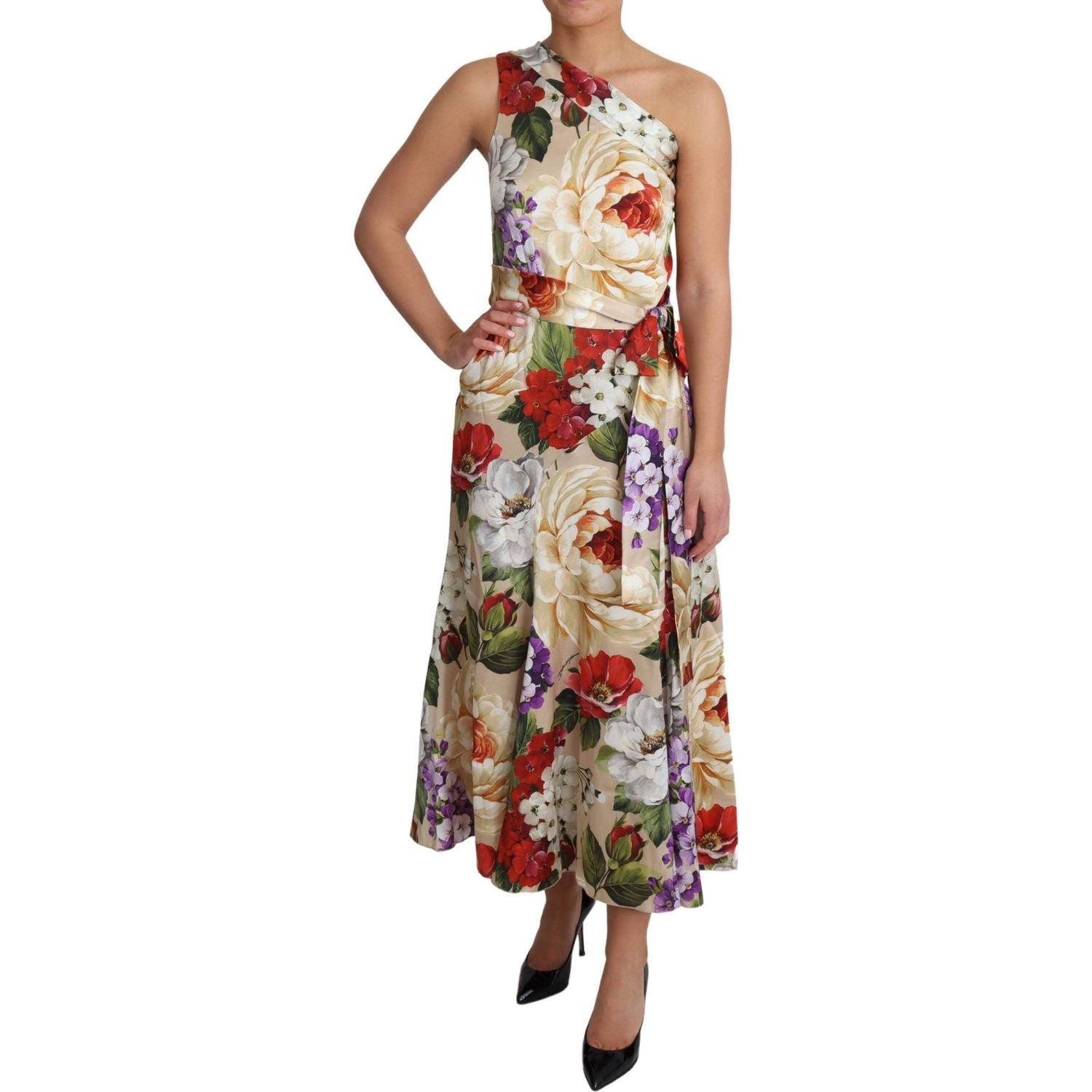Dolce & Gabbana Print Silk Stretch One Shoulder Dress Floral