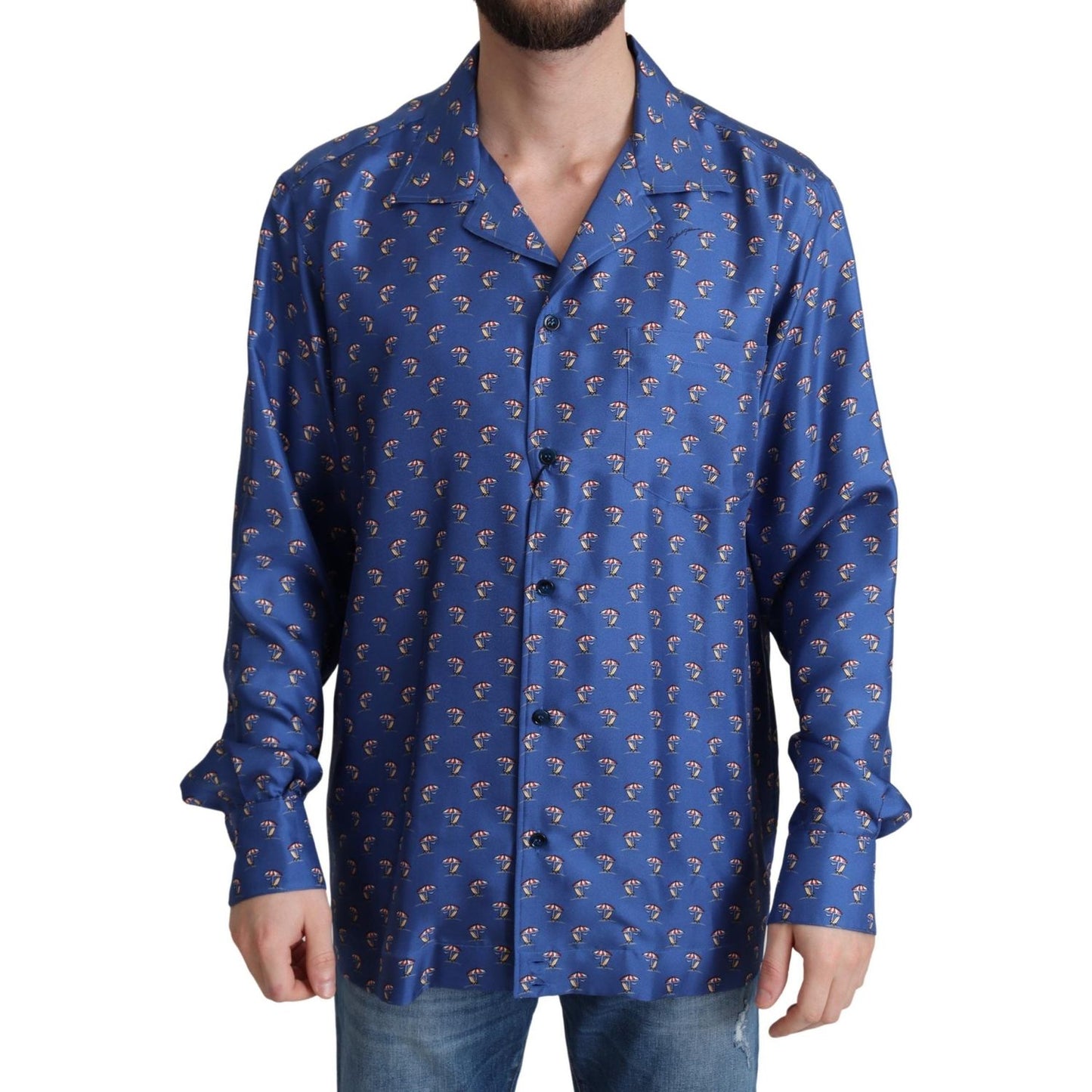 Dolce & Gabbana Blue Beach Chair Umbrella Print Silk Shirt Dolce & Gabbana