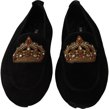 Dolce & Gabbana Black Leather Crystal Gold Crown Loafers Shoes
