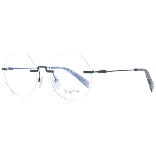 Yohji Yamamoto Gray Metal Glasses (Frames) with rimless round design, grey metal frame, demo lenses, and branded soft case included.