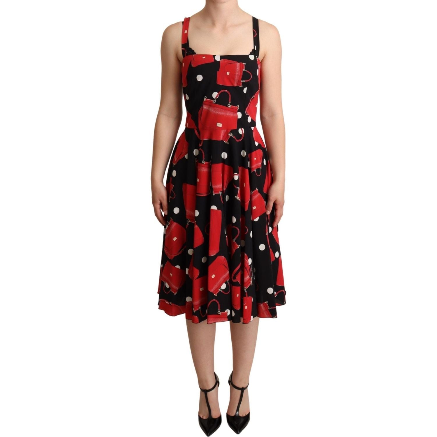 Dolce & Gabbana Black Red Bag Print A-line Mid Length Dress