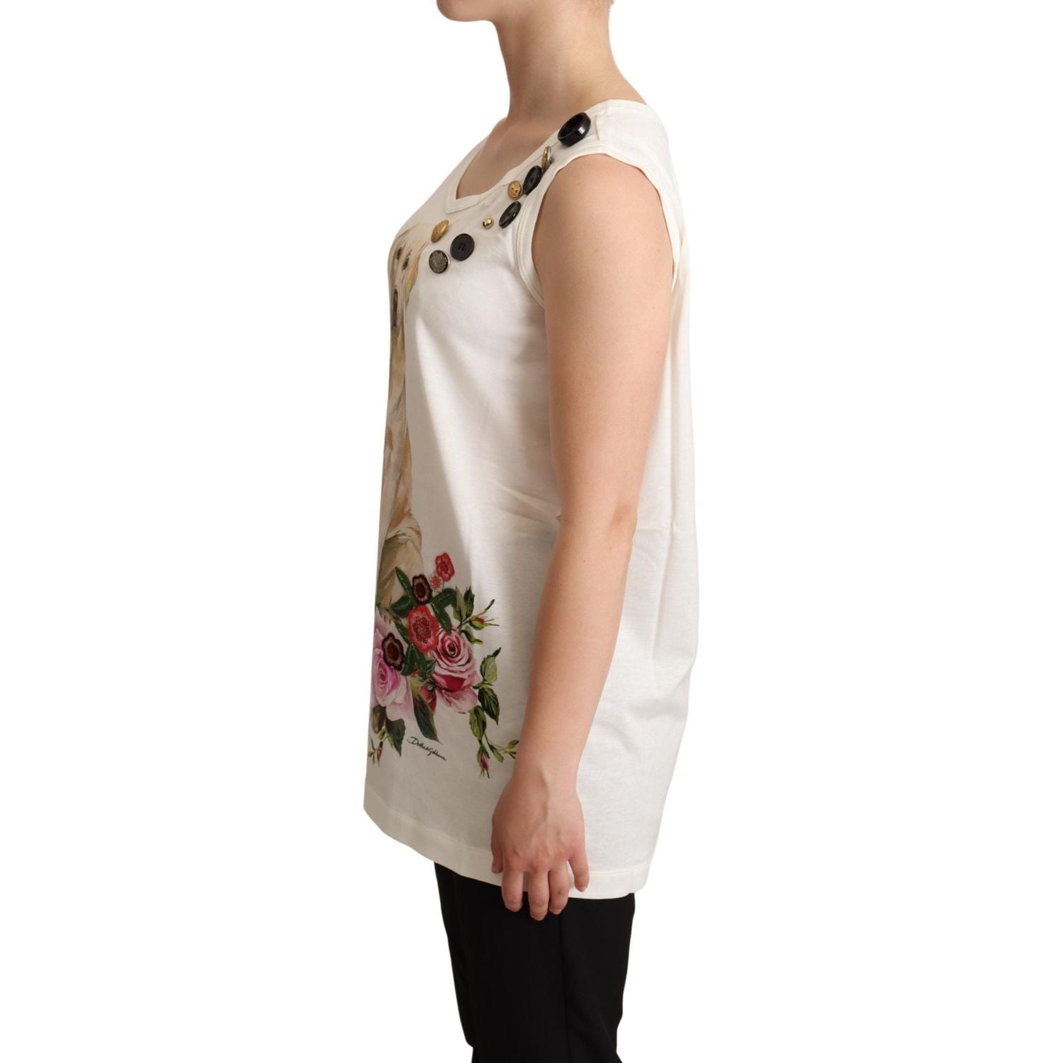 Dolce & Gabbana White Dog Floral Print Embellished  T-shirt